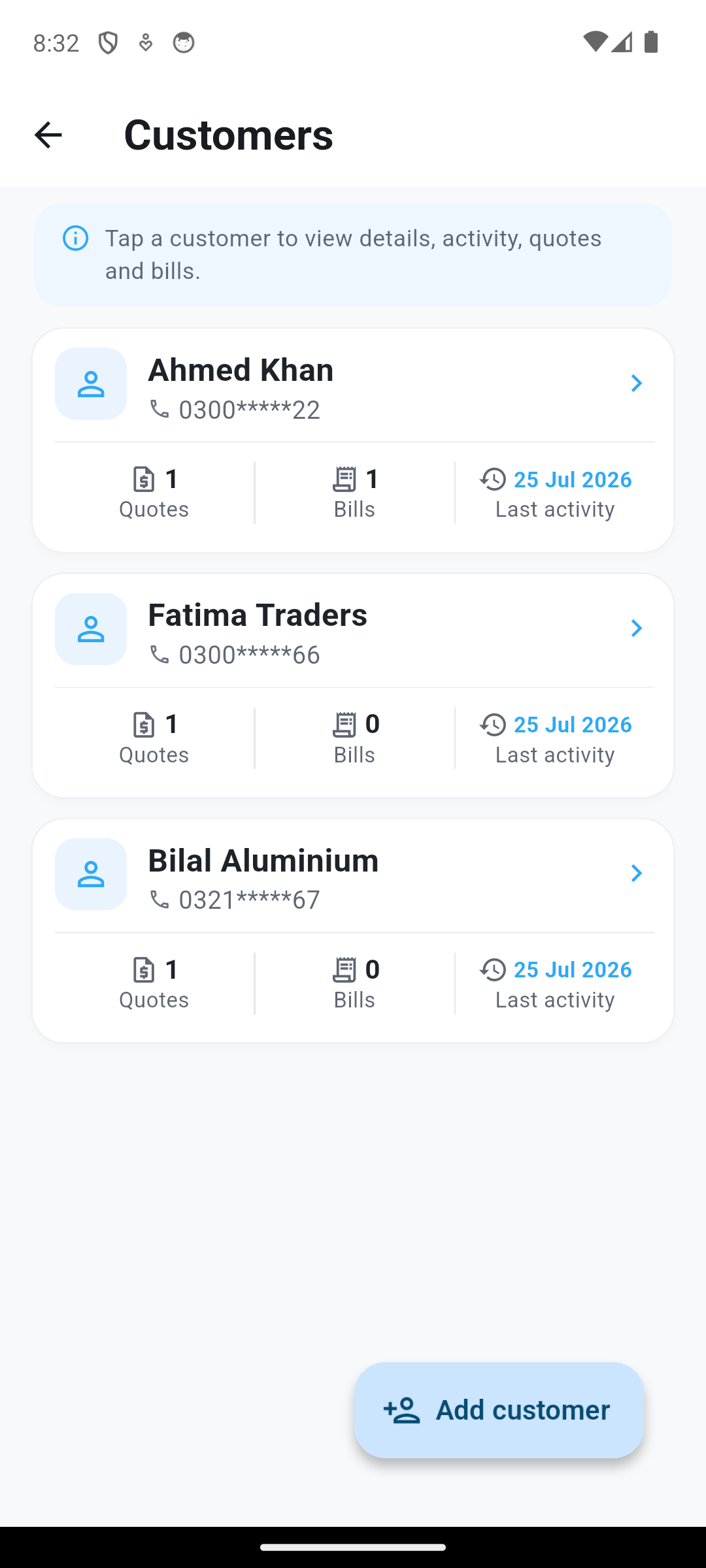 AluRate Pro customers list with masked phone numbers