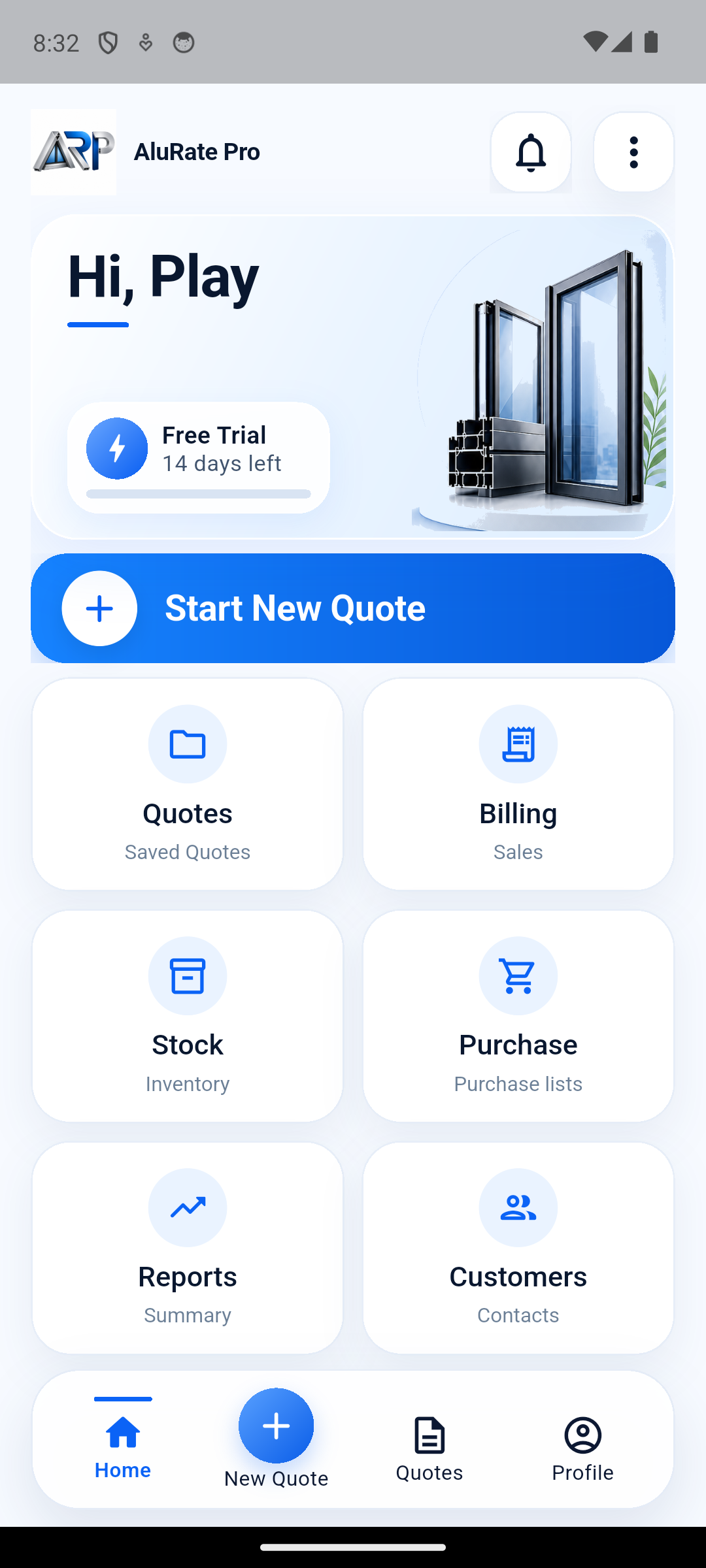 AluRate Pro home screen showing Start New Quote and modules for Quotes, Billing, Stock, Purchase, Reports, and Customers